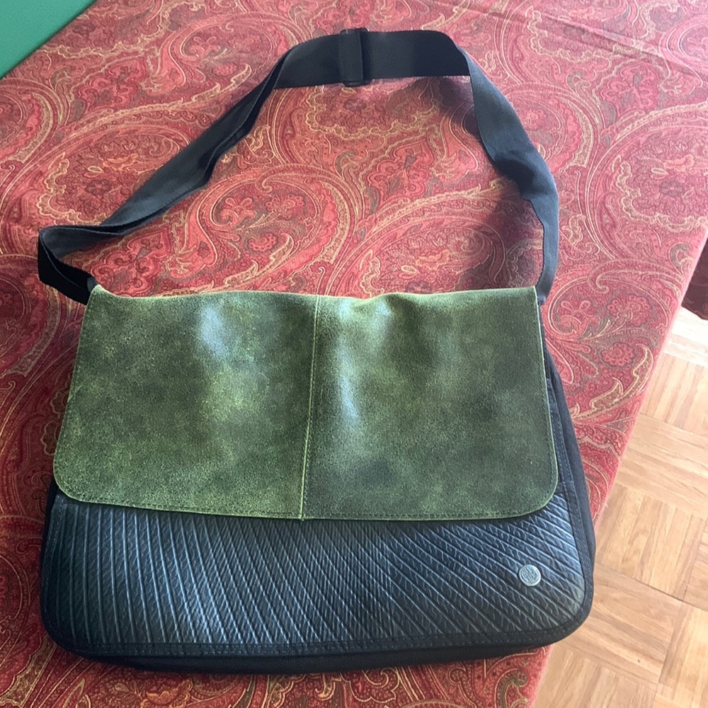 Messenger Bag notebook bag green part is leather
